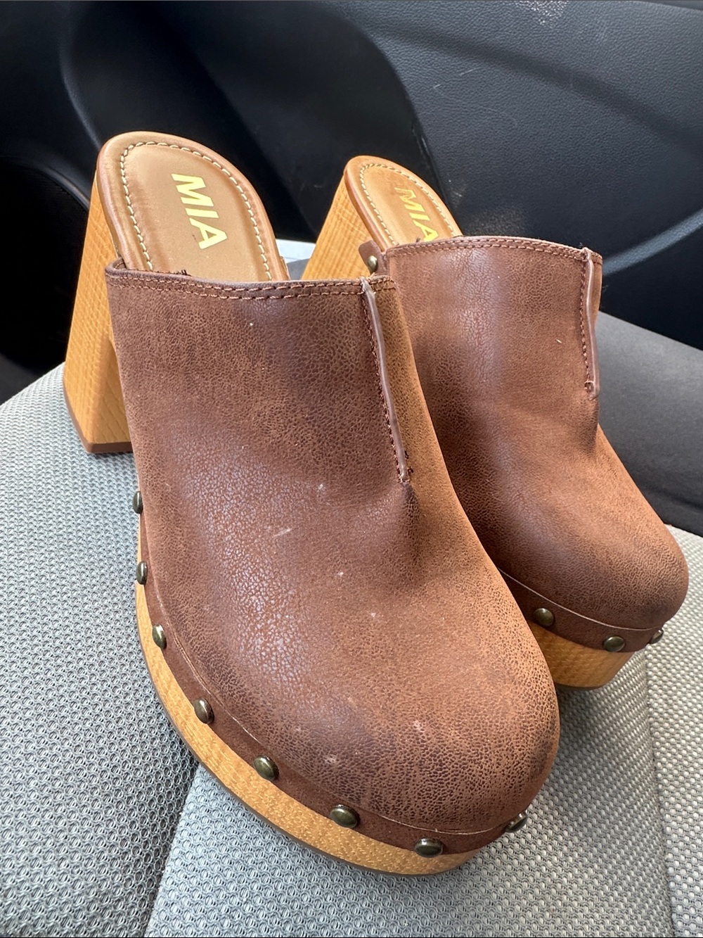 MIA Brown Leather Studded Clog Mules